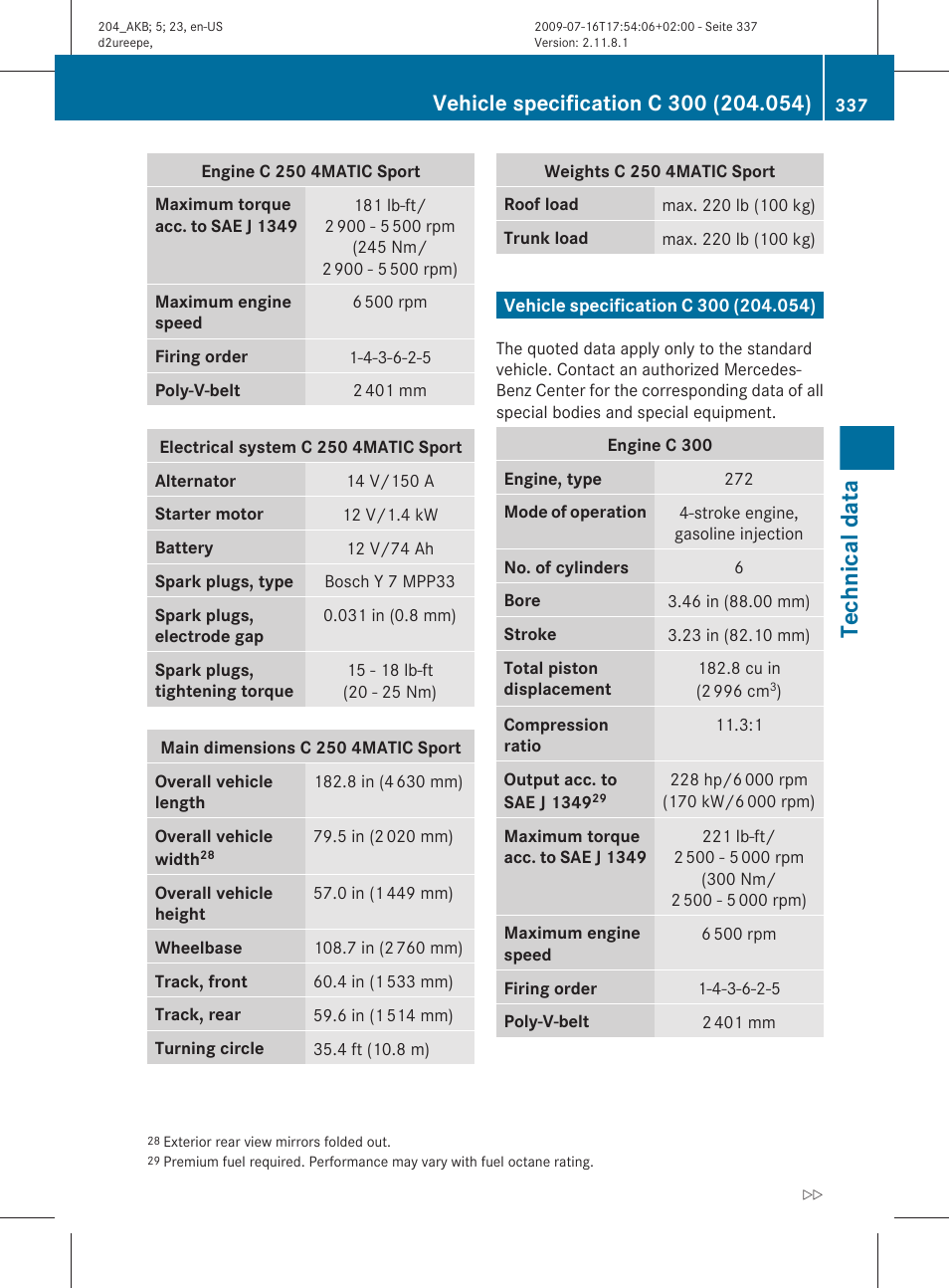 Vehicle specification c 300 (204.054), Technical data | Mercedes-Benz C-Class 2010 Owners Manual User Manual | Page 339 / 364