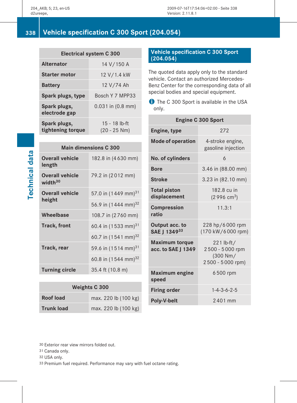 Vehicle specification c 300 sport (204.054), Technical data | Mercedes-Benz C-Class 2010 Owners Manual User Manual | Page 340 / 364
