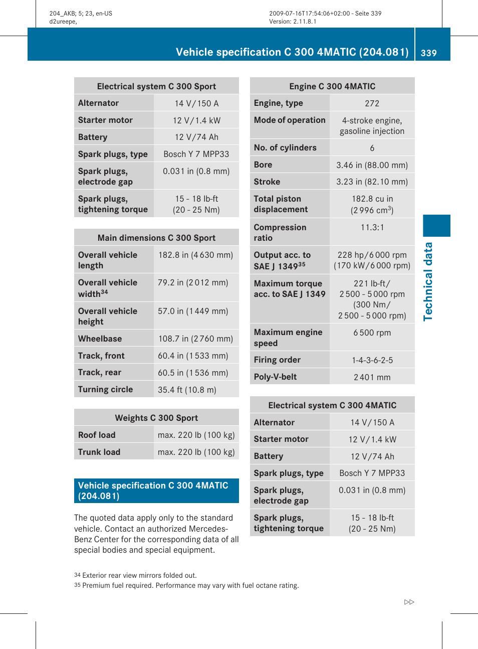 Vehicle specification c 300 4matic (204.081), Technical data | Mercedes-Benz C-Class 2010 Owners Manual User Manual | Page 341 / 364