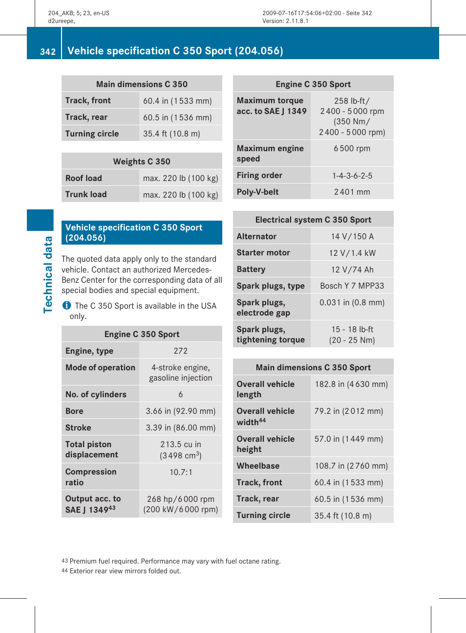 Vehicle specification c 350 sport (204.056), Technical data | Mercedes-Benz C-Class 2010 Owners Manual User Manual | Page 344 / 364
