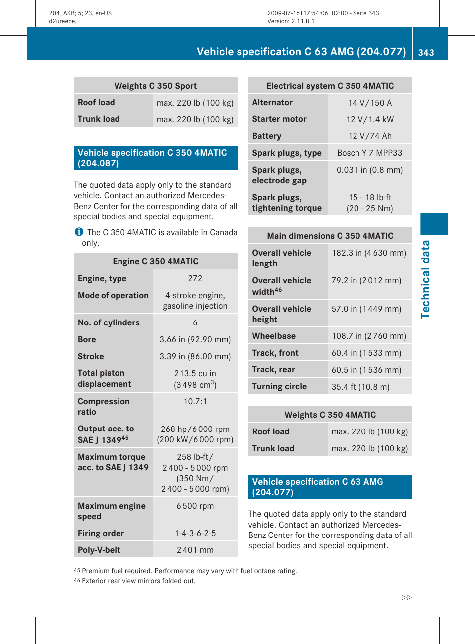 Vehicle specification c 350 4matic (204.087), Vehicle specification c 63 amg (204.077), Technical data | Mercedes-Benz C-Class 2010 Owners Manual User Manual | Page 345 / 364