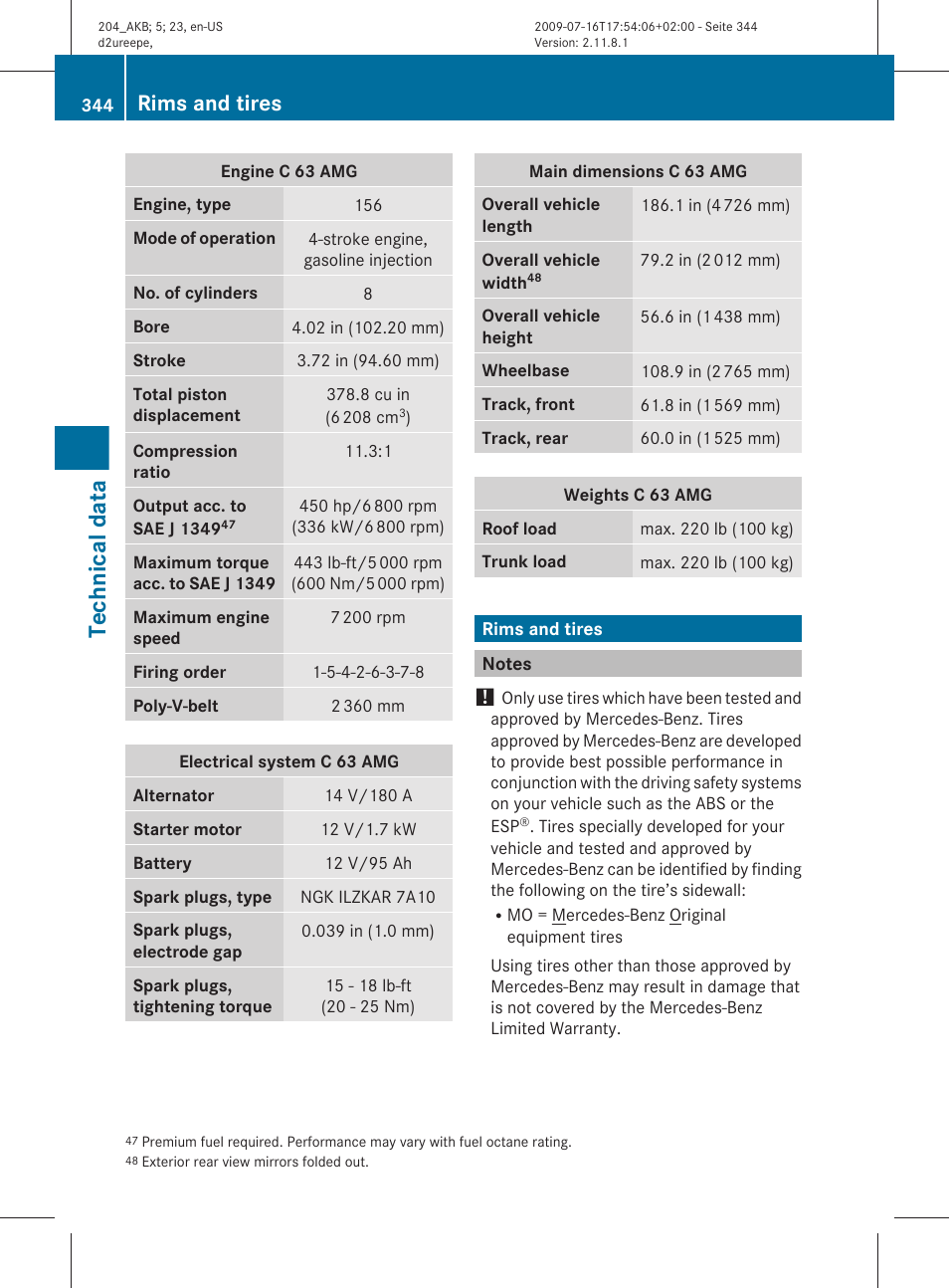 Rims and tires, Notes, Section | All wheel/tire combinations, Technical data | Mercedes-Benz C-Class 2010 Owners Manual User Manual | Page 346 / 364
