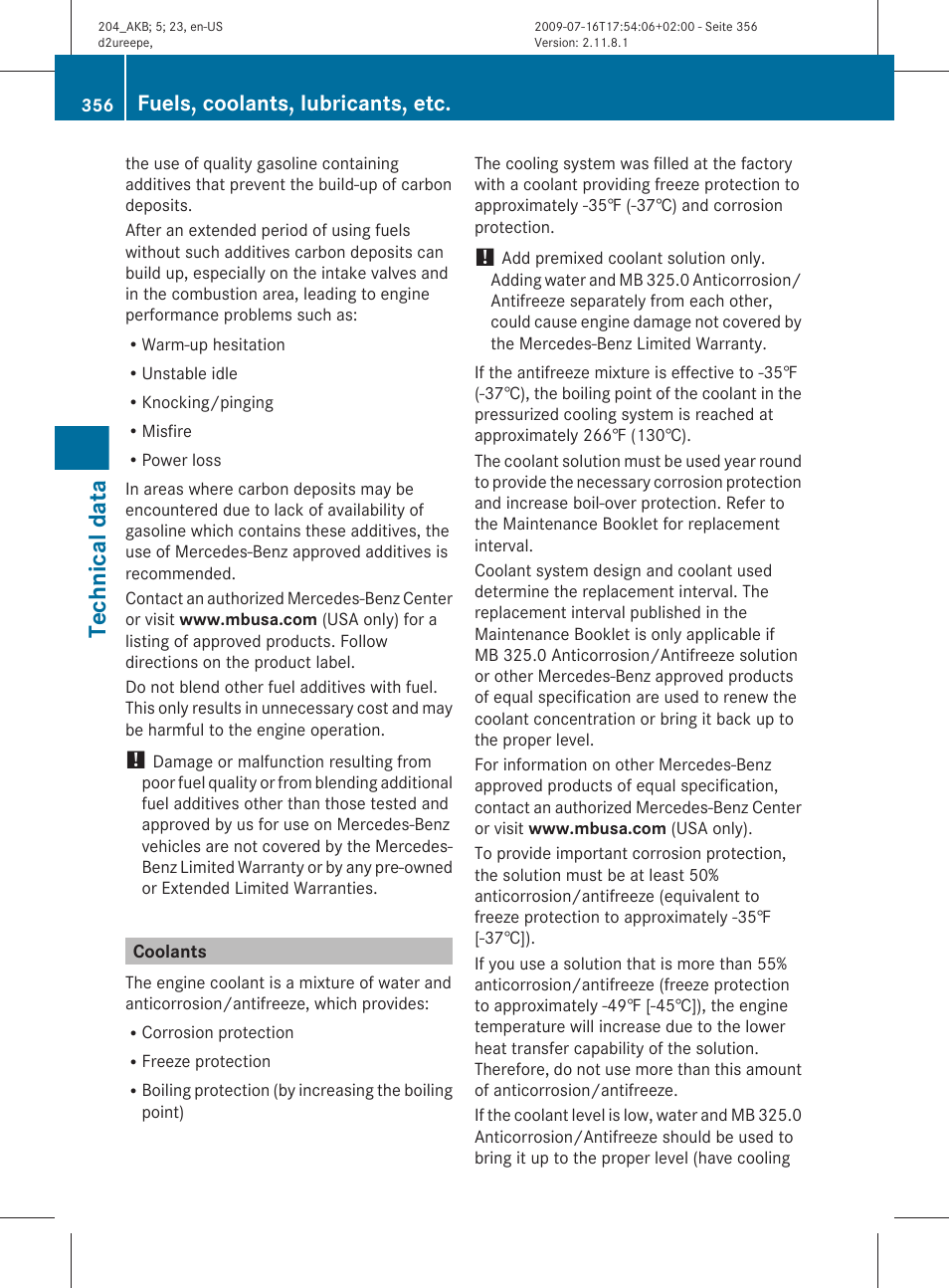Coolants, Technical data, Fuels, coolants, lubricants, etc | Mercedes-Benz C-Class 2010 Owners Manual User Manual | Page 358 / 364