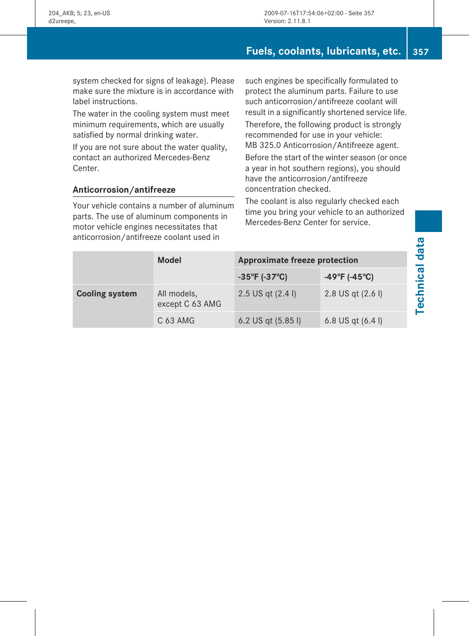 Technical data, Fuels, coolants, lubricants, etc | Mercedes-Benz C-Class 2010 Owners Manual User Manual | Page 359 / 364