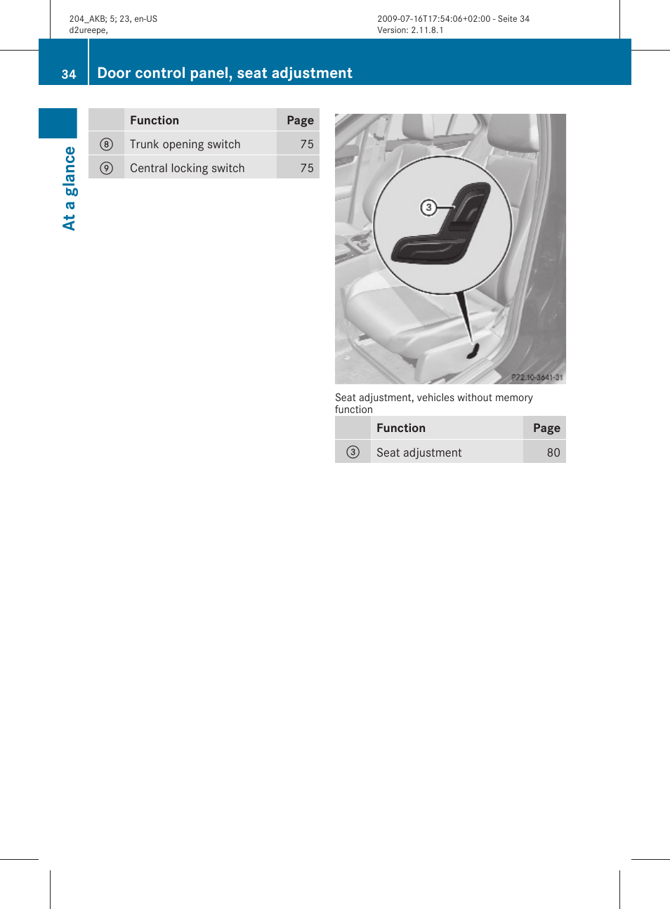 At a glance, Door control panel, seat adjustment | Mercedes-Benz C-Class 2010 Owners Manual User Manual | Page 36 / 364