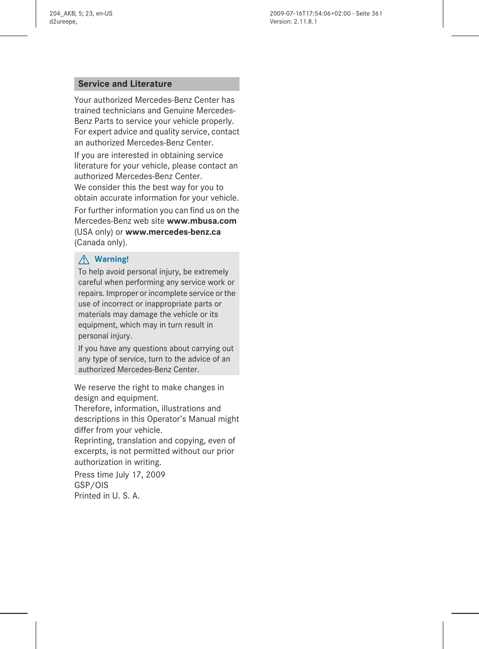 Service and literature | Mercedes-Benz C-Class 2010 Owners Manual User Manual | Page 363 / 364