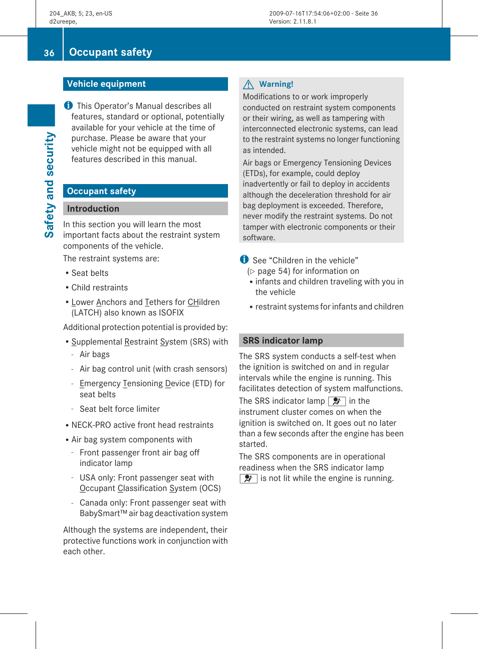Safety and security, Vehicle equipment, Occupant safety | Introduction, Srs indicator lamp | Mercedes-Benz C-Class 2010 Owners Manual User Manual | Page 38 / 364