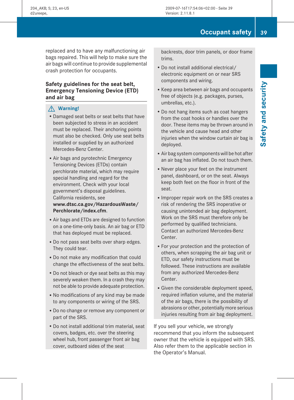 Safety and security, Occupant safety | Mercedes-Benz C-Class 2010 Owners Manual User Manual | Page 41 / 364