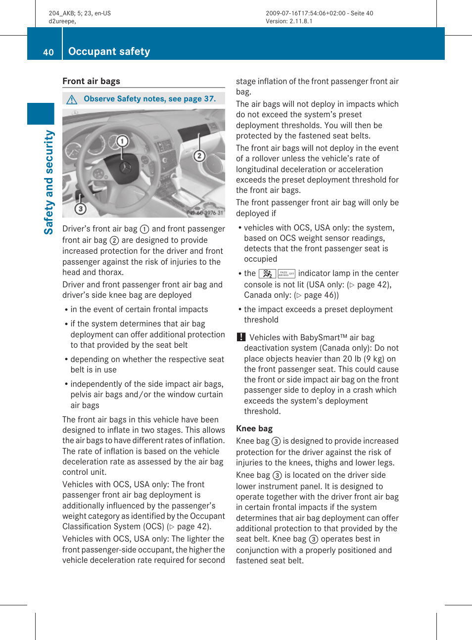 Safety and security, Occupant safety | Mercedes-Benz C-Class 2010 Owners Manual User Manual | Page 42 / 364