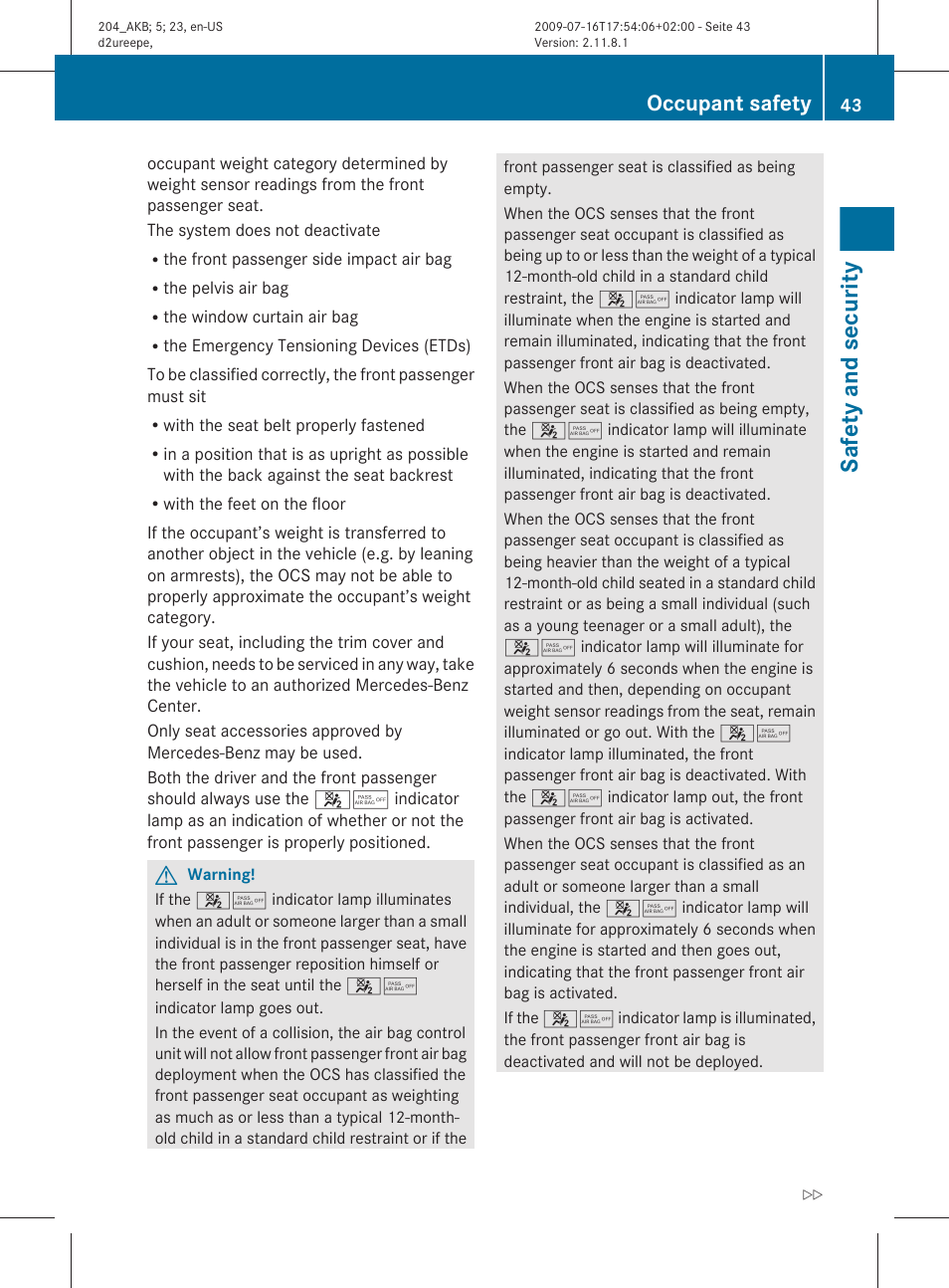 Safety and security, Occupant safety | Mercedes-Benz C-Class 2010 Owners Manual User Manual | Page 45 / 364
