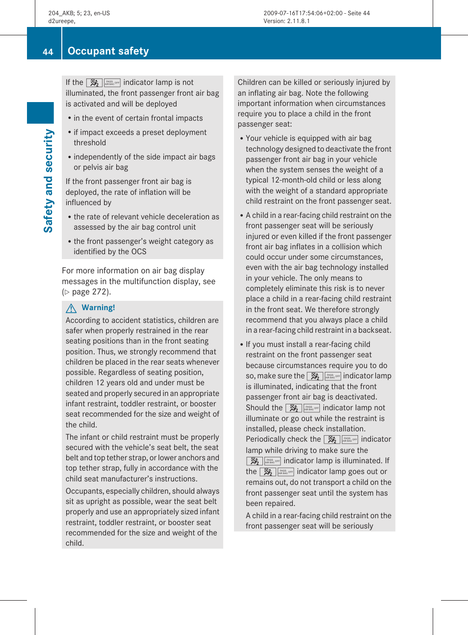 Safety and security, Occupant safety | Mercedes-Benz C-Class 2010 Owners Manual User Manual | Page 46 / 364