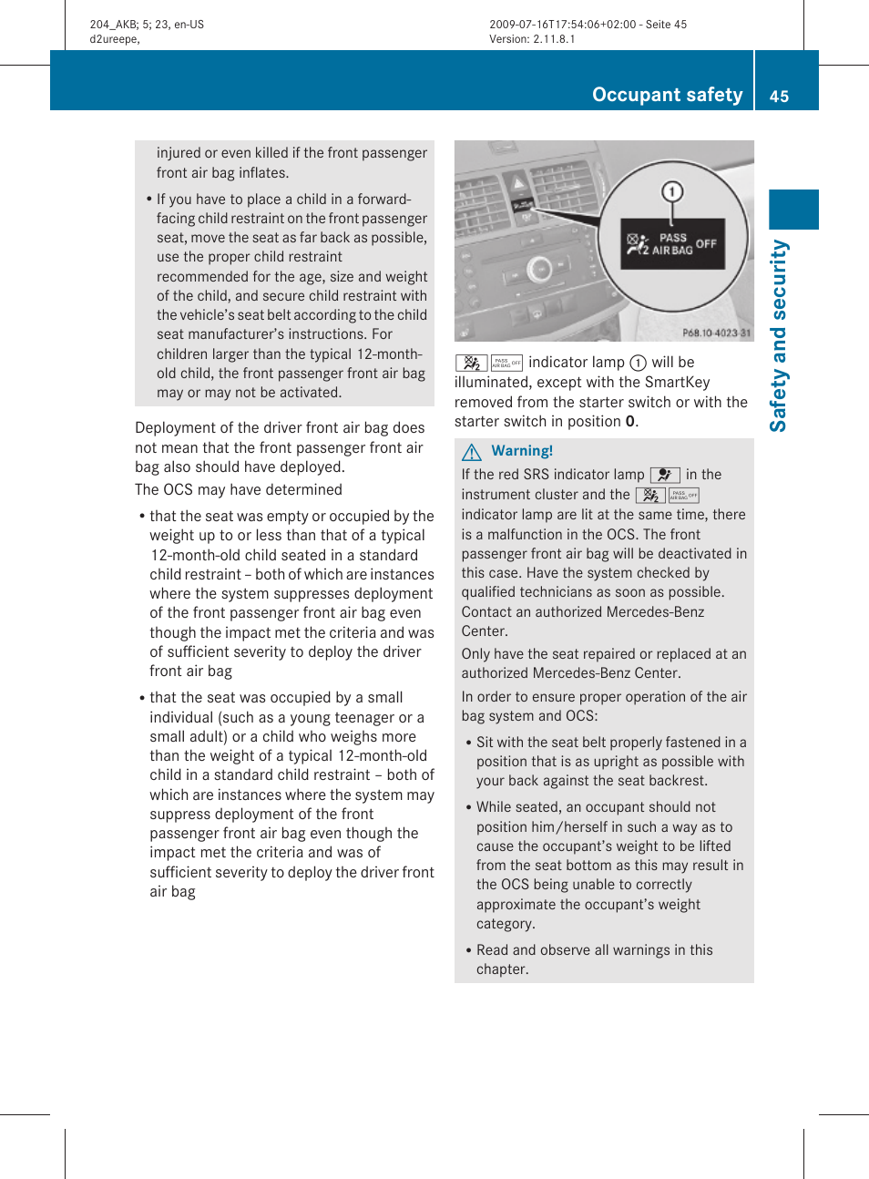 Safety and security, Occupant safety | Mercedes-Benz C-Class 2010 Owners Manual User Manual | Page 47 / 364