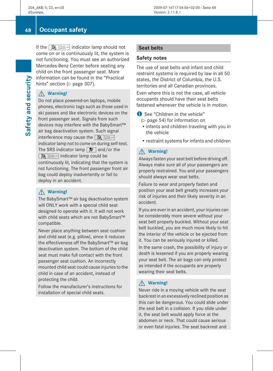 Seat belts, Safety and security, Occupant safety | Mercedes-Benz C-Class 2010 Owners Manual User Manual | Page 50 / 364