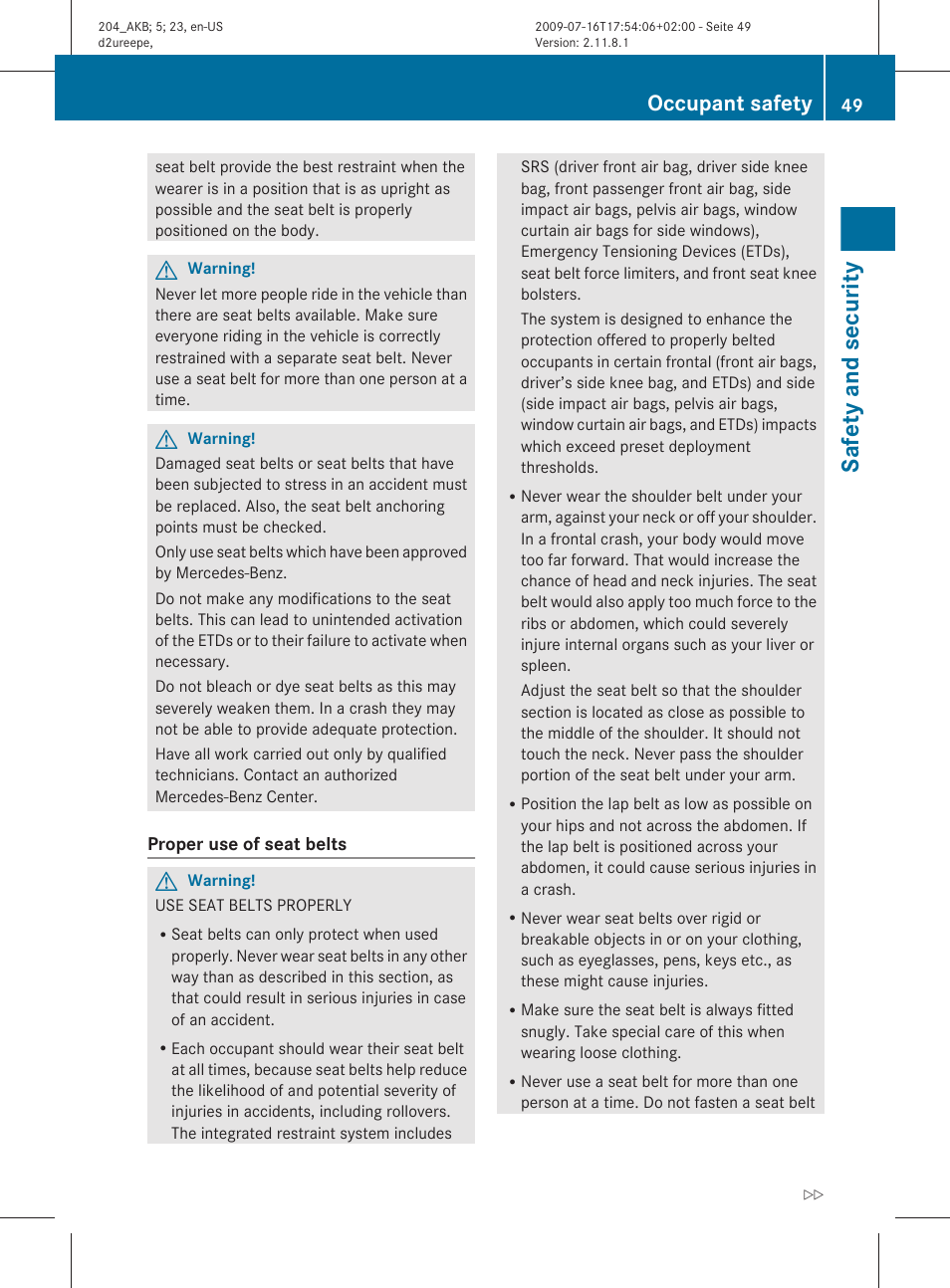 Safety and security, Occupant safety | Mercedes-Benz C-Class 2010 Owners Manual User Manual | Page 51 / 364