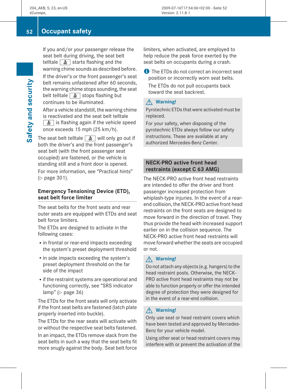 Safety and security, Occupant safety | Mercedes-Benz C-Class 2010 Owners Manual User Manual | Page 54 / 364