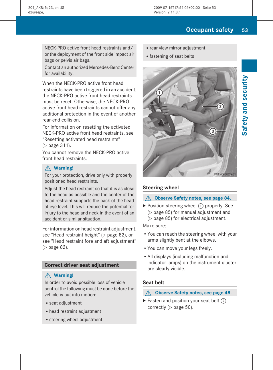 Correct driver seat adjustment, Safety and security, Occupant safety | Mercedes-Benz C-Class 2010 Owners Manual User Manual | Page 55 / 364