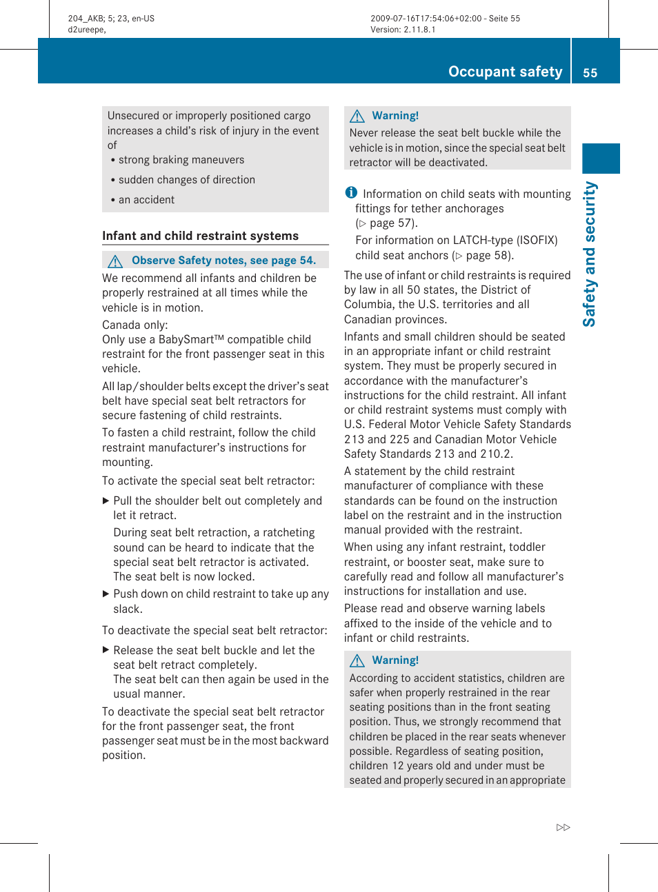 Safety and security, Occupant safety | Mercedes-Benz C-Class 2010 Owners Manual User Manual | Page 57 / 364