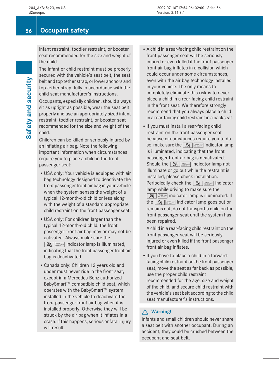 Safety and security, Occupant safety | Mercedes-Benz C-Class 2010 Owners Manual User Manual | Page 58 / 364