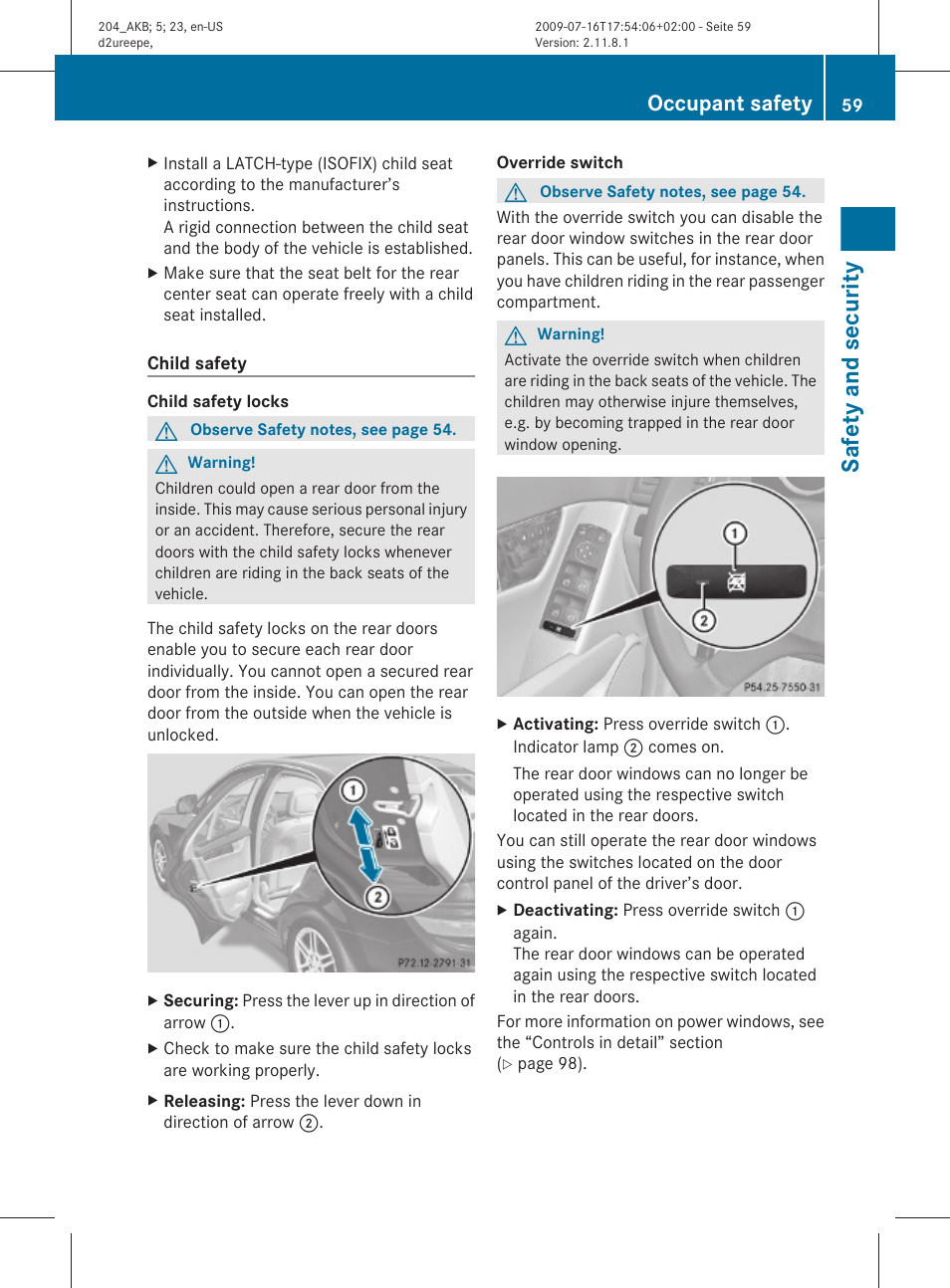 Safety and security, Occupant safety | Mercedes-Benz C-Class 2010 Owners Manual User Manual | Page 61 / 364