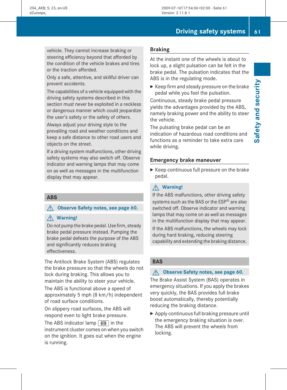 Safety and security, Driving safety systems | Mercedes-Benz C-Class 2010 Owners Manual User Manual | Page 63 / 364