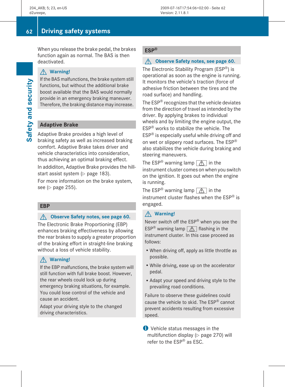 Adaptive brake, Safety and security, Driving safety systems | Mercedes-Benz C-Class 2010 Owners Manual User Manual | Page 64 / 364