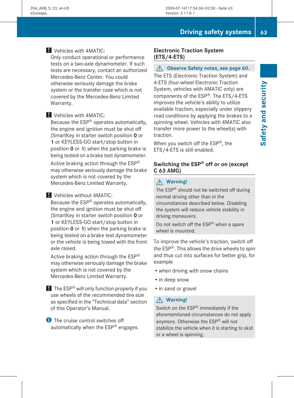 Safety and security, Driving safety systems | Mercedes-Benz C-Class 2010 Owners Manual User Manual | Page 65 / 364