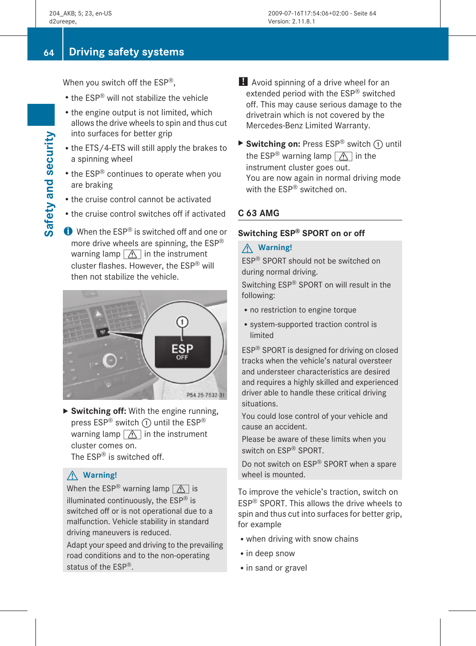 Safety and security, Driving safety systems | Mercedes-Benz C-Class 2010 Owners Manual User Manual | Page 66 / 364