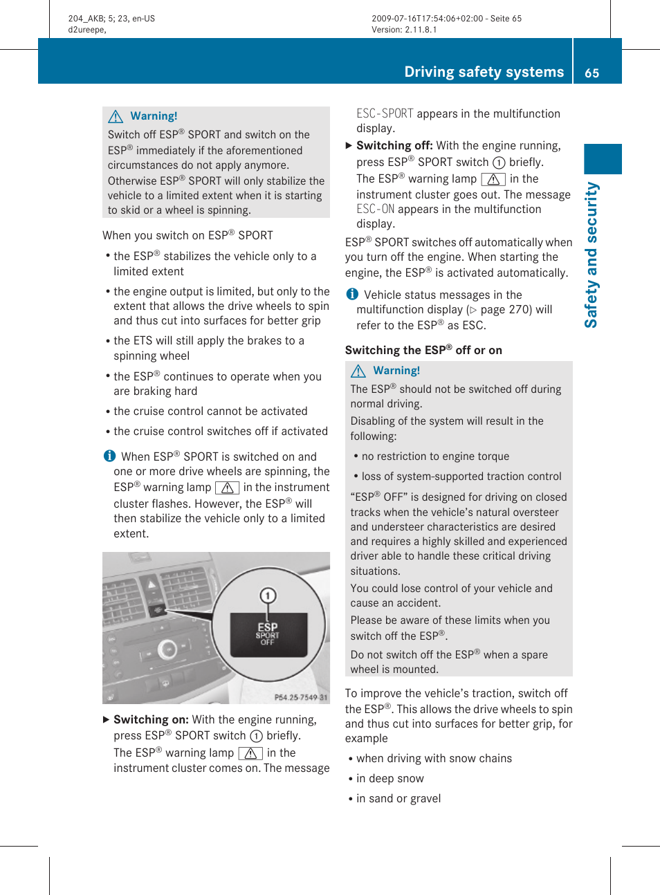 Safety and security, Driving safety systems | Mercedes-Benz C-Class 2010 Owners Manual User Manual | Page 67 / 364