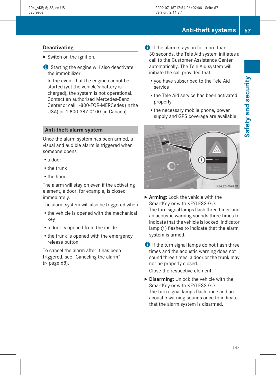 Anti-theft alarm system, Safety and security, Anti-theft systems | Mercedes-Benz C-Class 2010 Owners Manual User Manual | Page 69 / 364