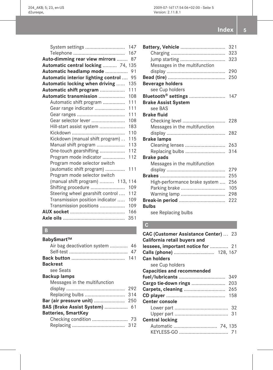 Index | Mercedes-Benz C-Class 2010 Owners Manual User Manual | Page 7 / 364