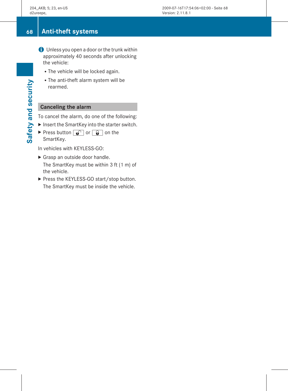 Canceling the alarm, Safety and security, Anti-theft systems | Mercedes-Benz C-Class 2010 Owners Manual User Manual | Page 70 / 364