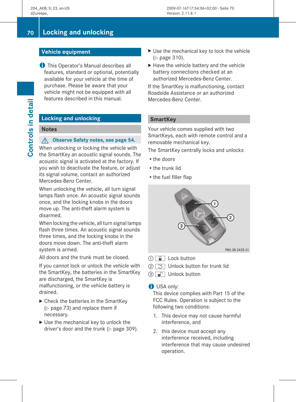 Controls in detail, Vehicle equipment, Locking and unlocking | Notes, Smartkey | Mercedes-Benz C-Class 2010 Owners Manual User Manual | Page 72 / 364
