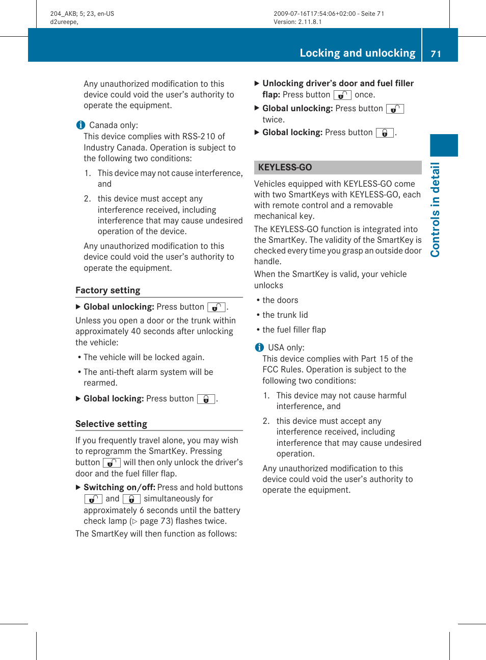 Keyless-go, Controls in detail, Locking and unlocking | Mercedes-Benz C-Class 2010 Owners Manual User Manual | Page 73 / 364