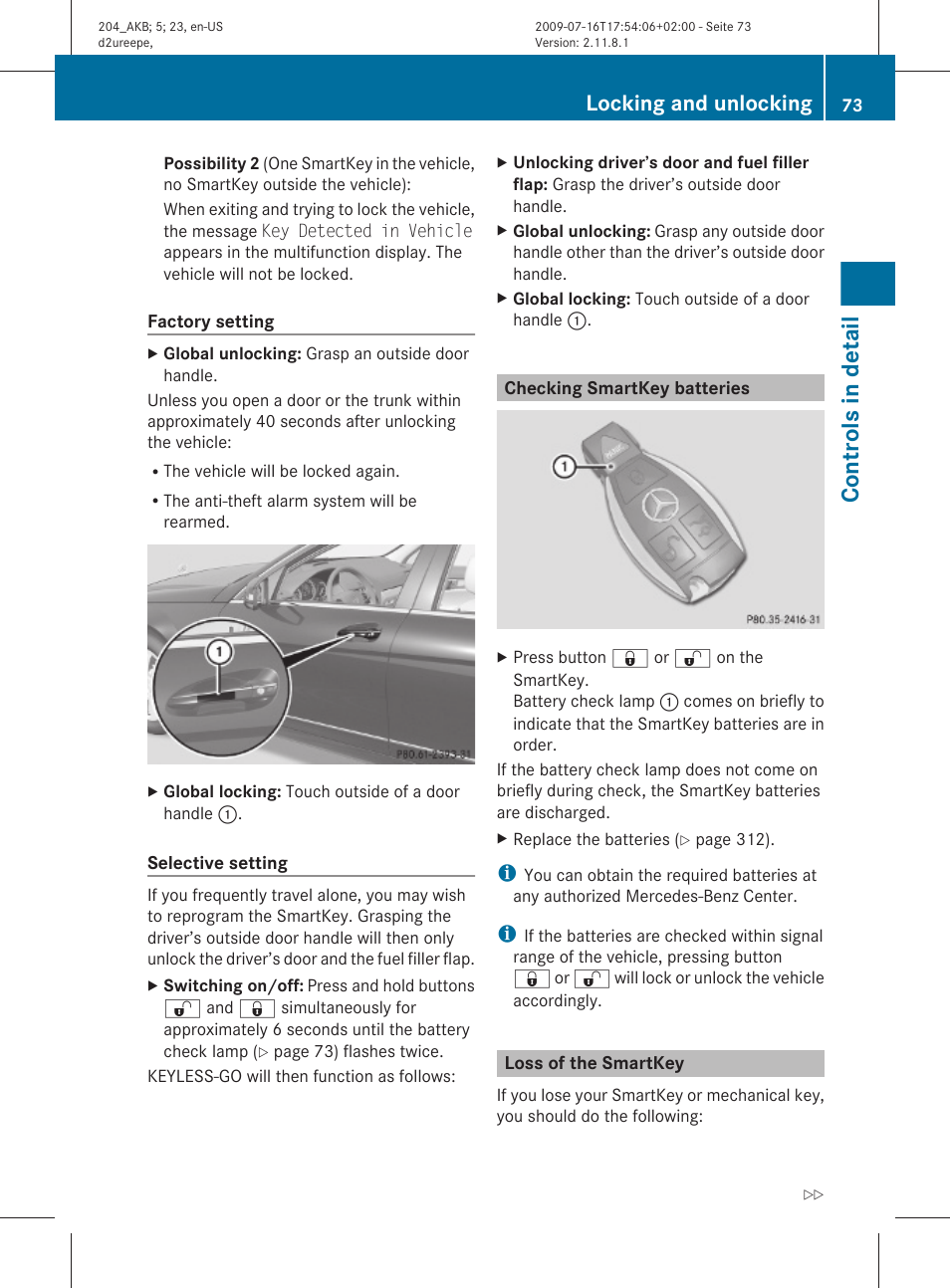Checking smartkey batteries, Loss of the smartkey, Controls in detail | Locking and unlocking | Mercedes-Benz C-Class 2010 Owners Manual User Manual | Page 75 / 364
