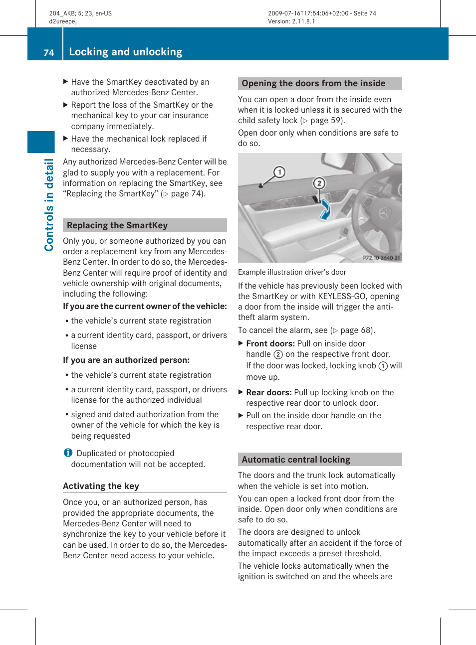 Replacing the smartkey, Opening the doors from the inside, Automatic central locking | Controls in detail, Locking and unlocking | Mercedes-Benz C-Class 2010 Owners Manual User Manual | Page 76 / 364