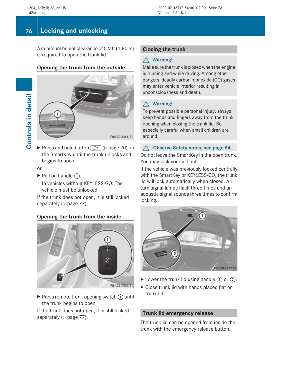 Closing the trunk, Trunk lid emergency release, Controls in detail | Locking and unlocking | Mercedes-Benz C-Class 2010 Owners Manual User Manual | Page 78 / 364