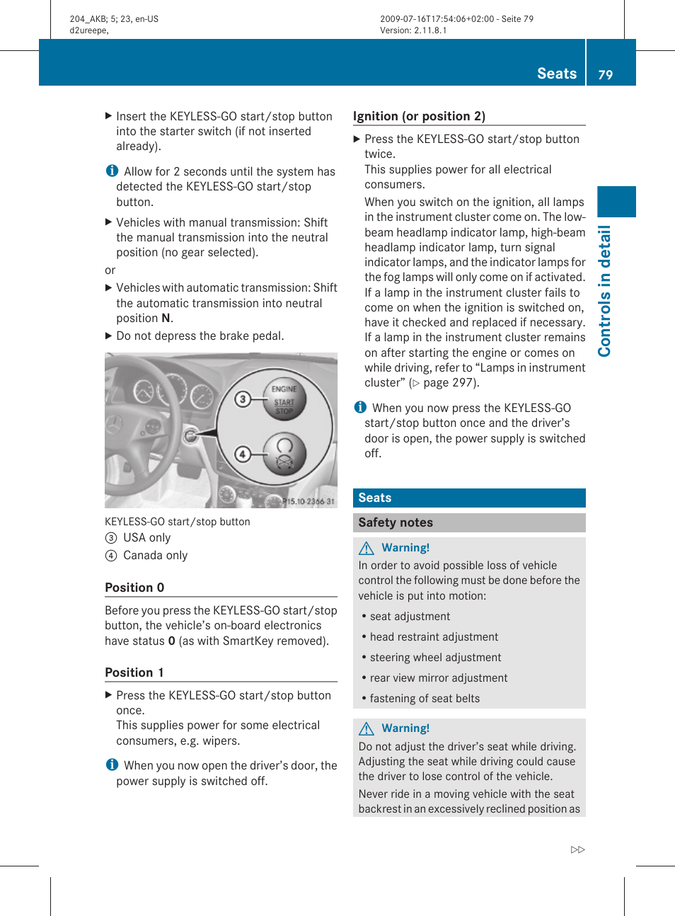 Seats, Safety notes, Controls in detail | Mercedes-Benz C-Class 2010 Owners Manual User Manual | Page 81 / 364