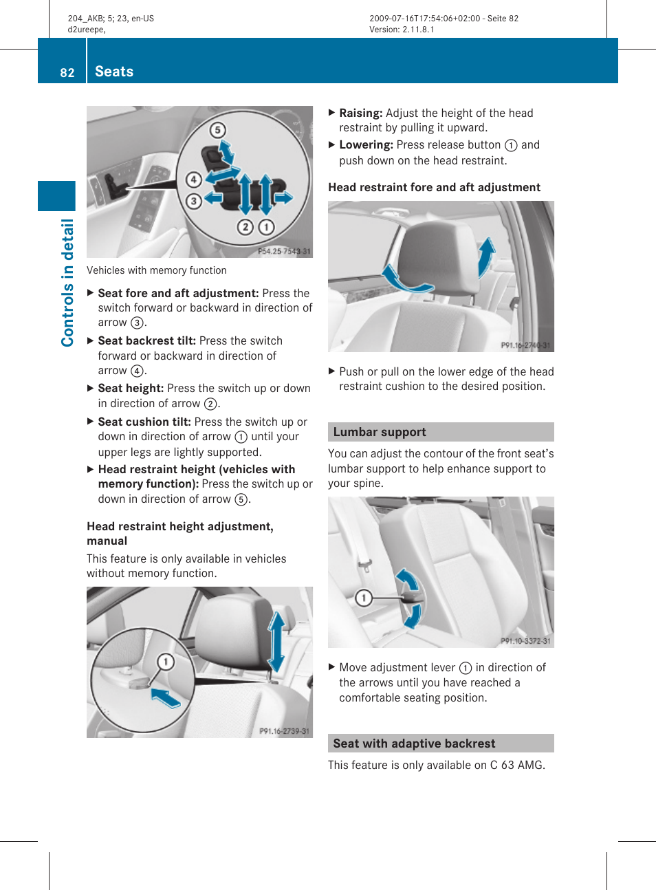 Lumbar support, Seat with adaptive backrest, See “head restraint height | Controls in detail, Seats | Mercedes-Benz C-Class 2010 Owners Manual User Manual | Page 84 / 364
