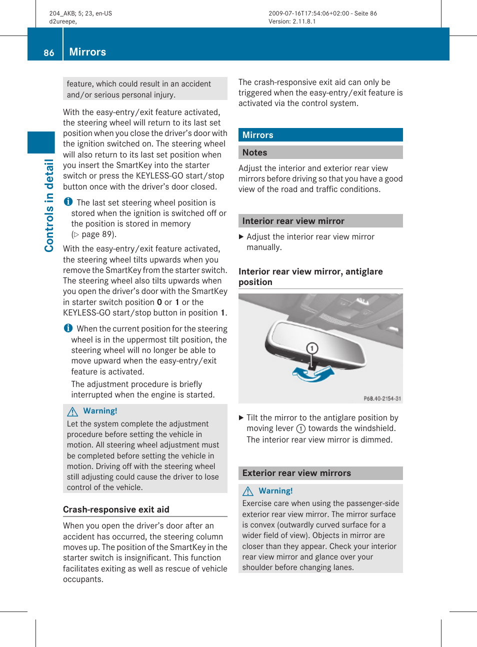 Mirrors, Notes, Interior rear view mirror | Exterior rear view mirrors, Controls in detail | Mercedes-Benz C-Class 2010 Owners Manual User Manual | Page 88 / 364