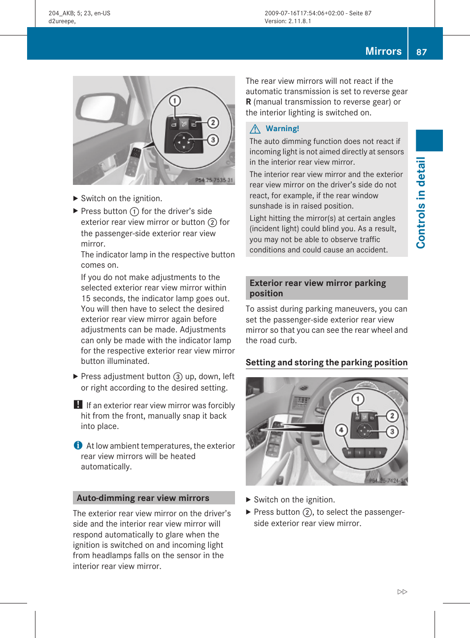 Auto-dimming rear view mirrors, Exterior rear view mirror parking position, Controls in detail | Mirrors | Mercedes-Benz C-Class 2010 Owners Manual User Manual | Page 89 / 364