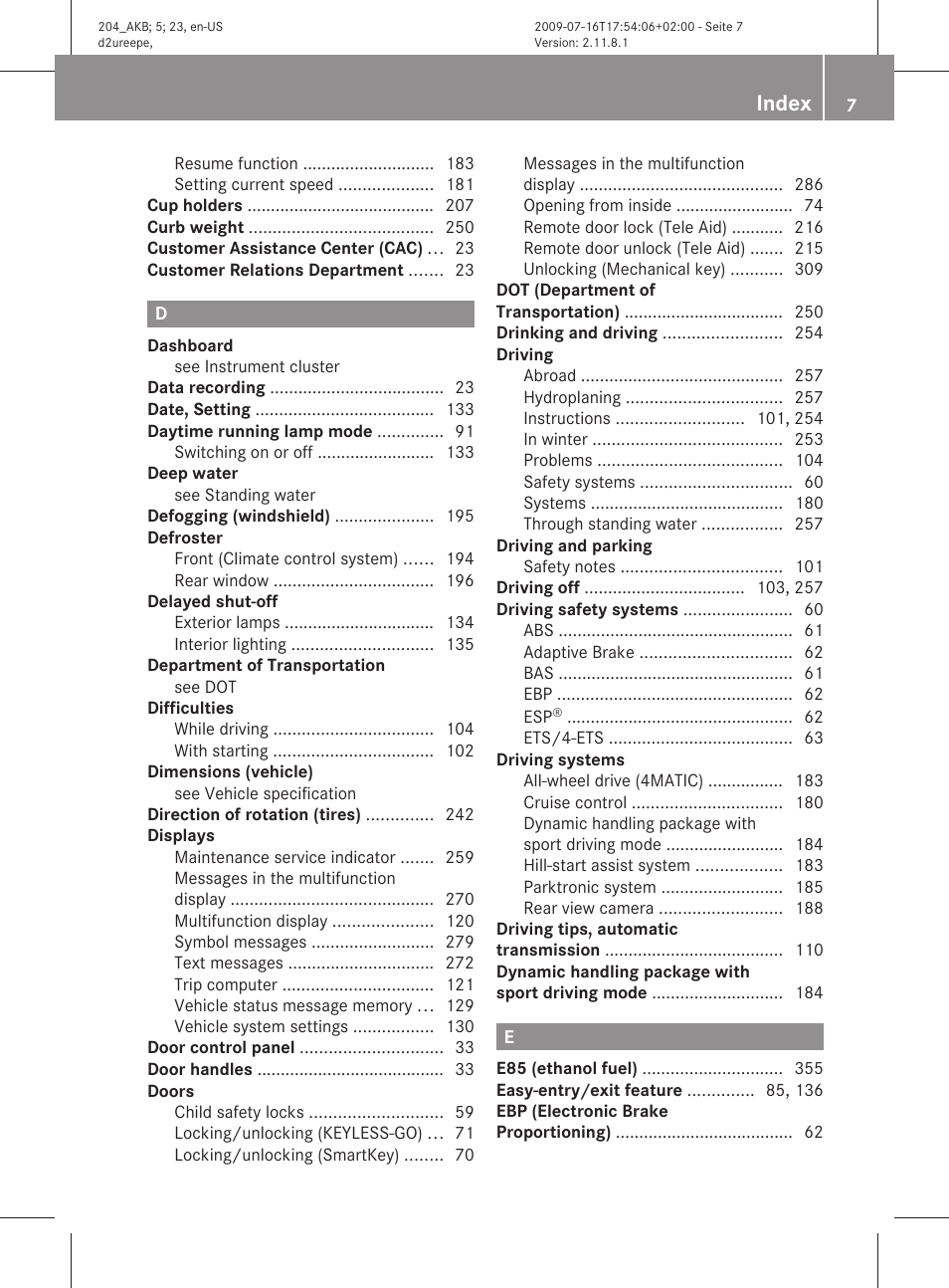 Index | Mercedes-Benz C-Class 2010 Owners Manual User Manual | Page 9 / 364