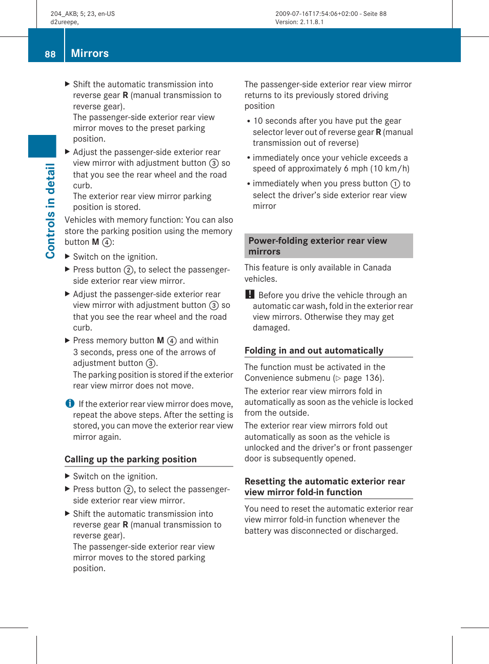 Power-folding exterior rear view mirrors, Controls in detail, Mirrors | Mercedes-Benz C-Class 2010 Owners Manual User Manual | Page 90 / 364