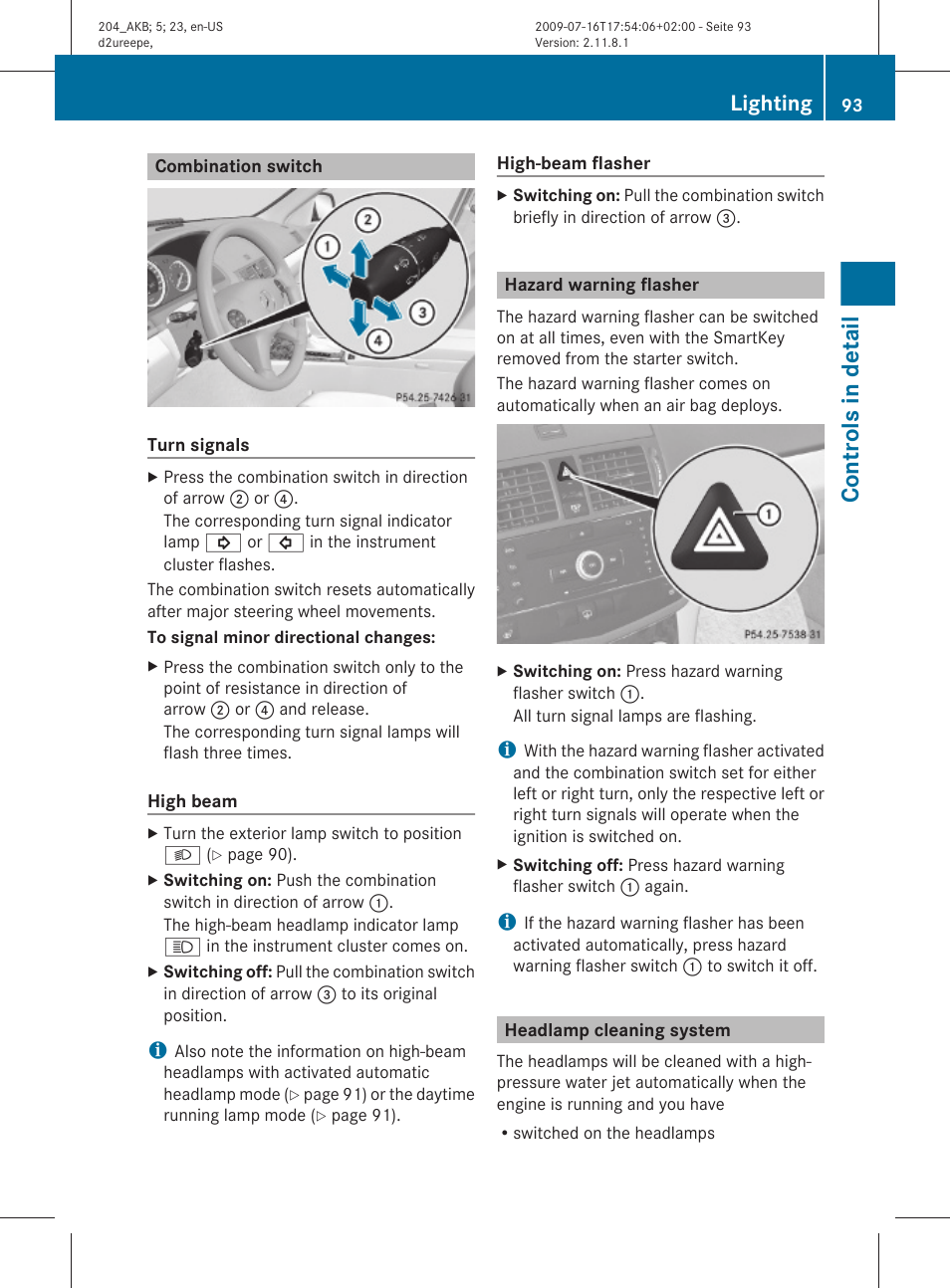 Combination switch, Hazard warning flasher, Headlamp cleaning system | Controls in detail, Lighting | Mercedes-Benz C-Class 2010 Owners Manual User Manual | Page 95 / 364