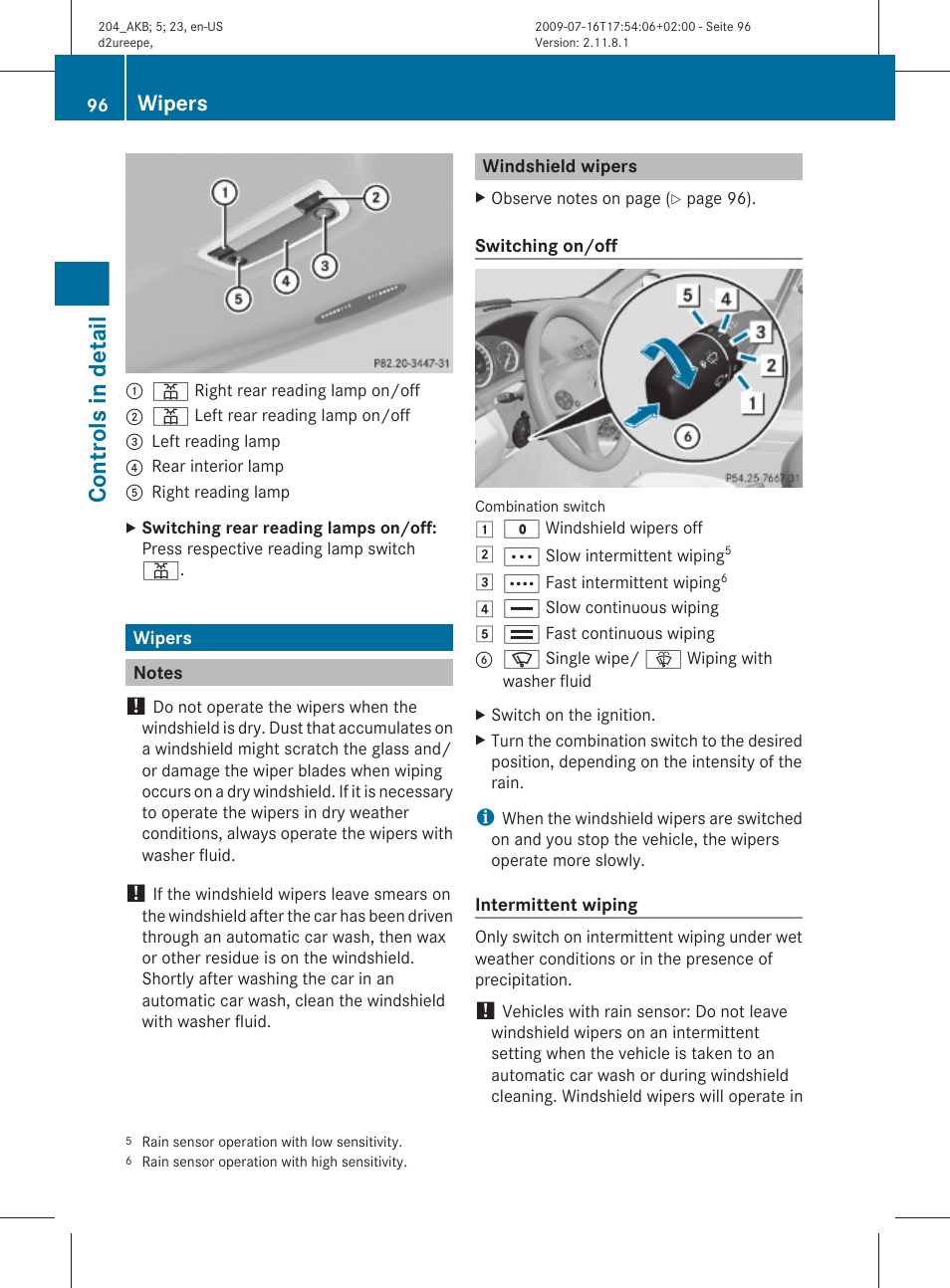 Wipers, Notes, Windshield wipers | Controls in detail | Mercedes-Benz C-Class 2010 Owners Manual User Manual | Page 98 / 364