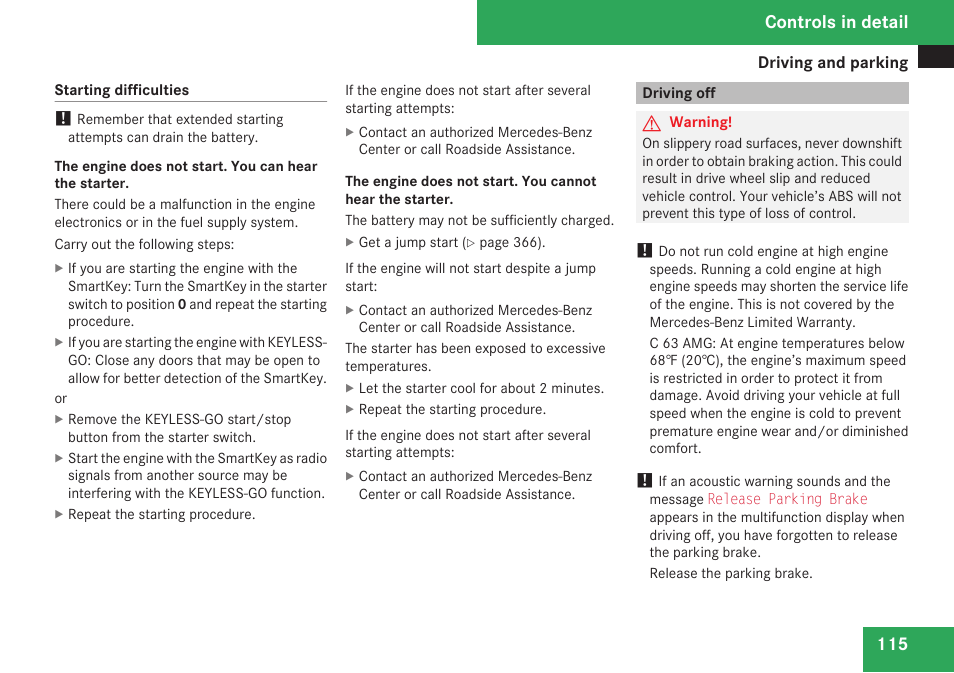 Driving off, Controls in detail | Mercedes-Benz C-Class 2009 Owners Manual User Manual | Page 117 / 404