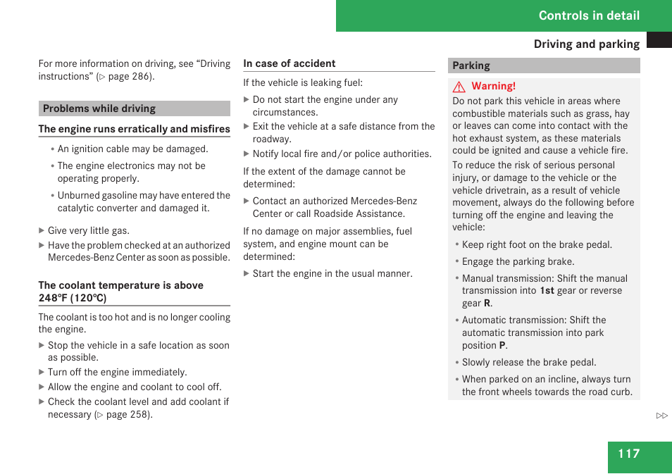Problems while driving, Parking, Controls in detail | Mercedes-Benz C-Class 2009 Owners Manual User Manual | Page 119 / 404