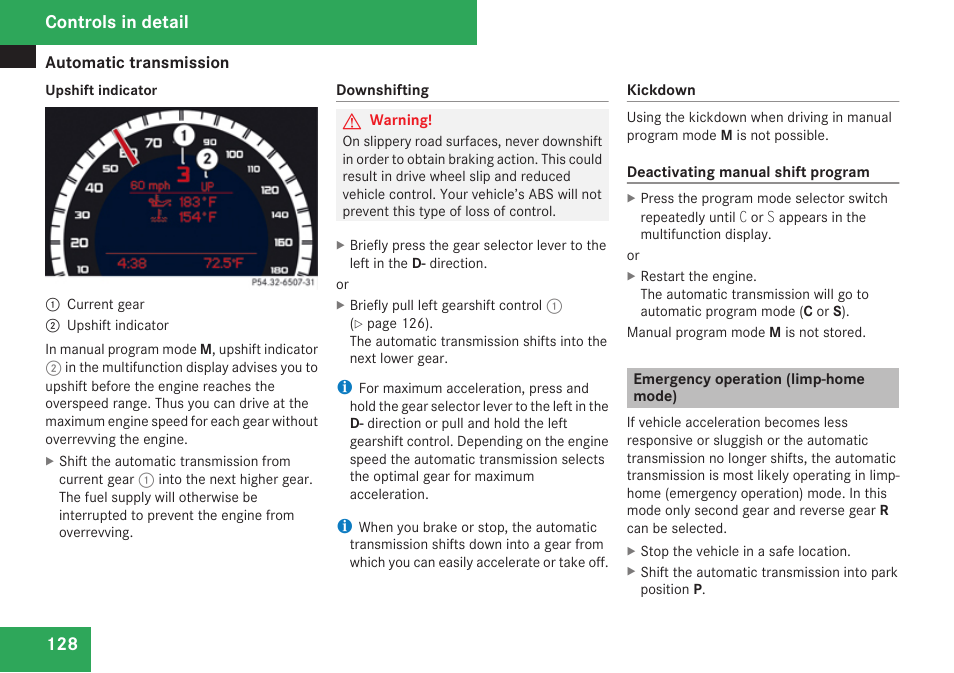 Emergency operation (limp-home mode), Controls in detail | Mercedes-Benz C-Class 2009 Owners Manual User Manual | Page 130 / 404