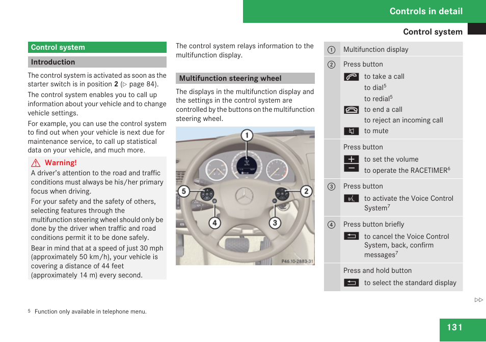 Control system, Introduction, Multifunction steering wheel | Controls in detail | Mercedes-Benz C-Class 2009 Owners Manual User Manual | Page 133 / 404