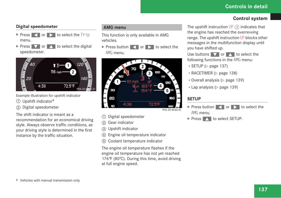 Amg menu, Menu, Digital speedometer | Controls in detail | Mercedes-Benz C-Class 2009 Owners Manual User Manual | Page 139 / 404