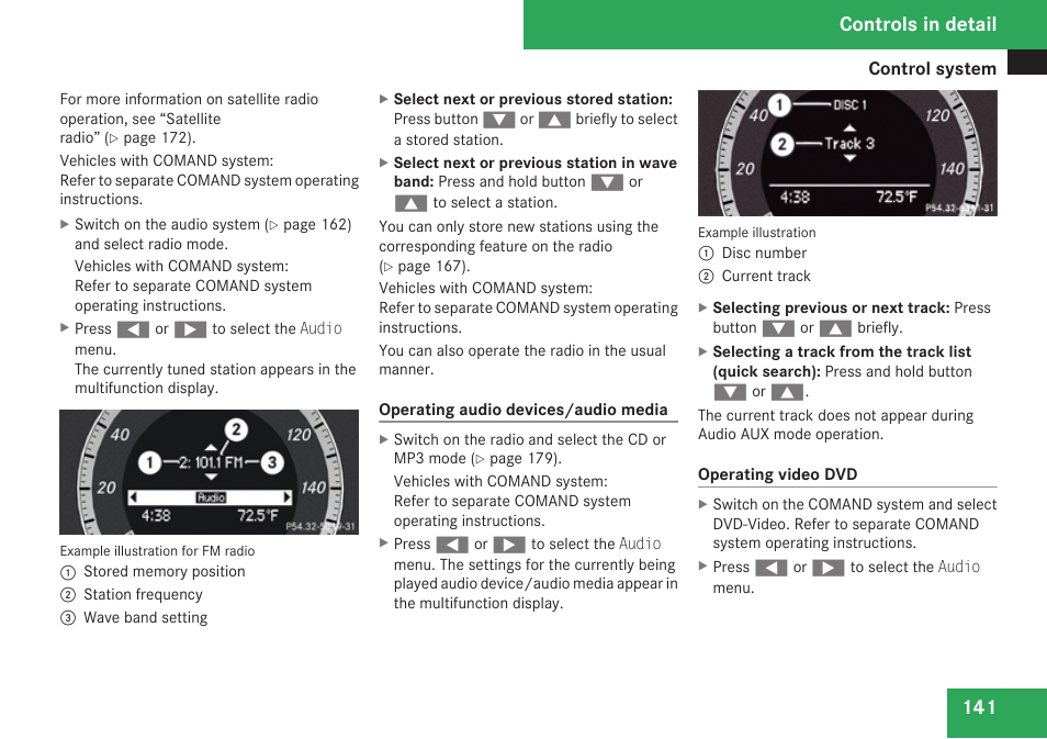 Operating video dvd, Controls in detail | Mercedes-Benz C-Class 2009 Owners Manual User Manual | Page 143 / 404